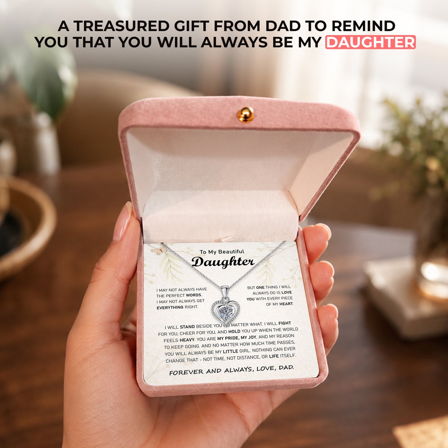 Included with necklace: polishing cloth, message card, gift bag, and box