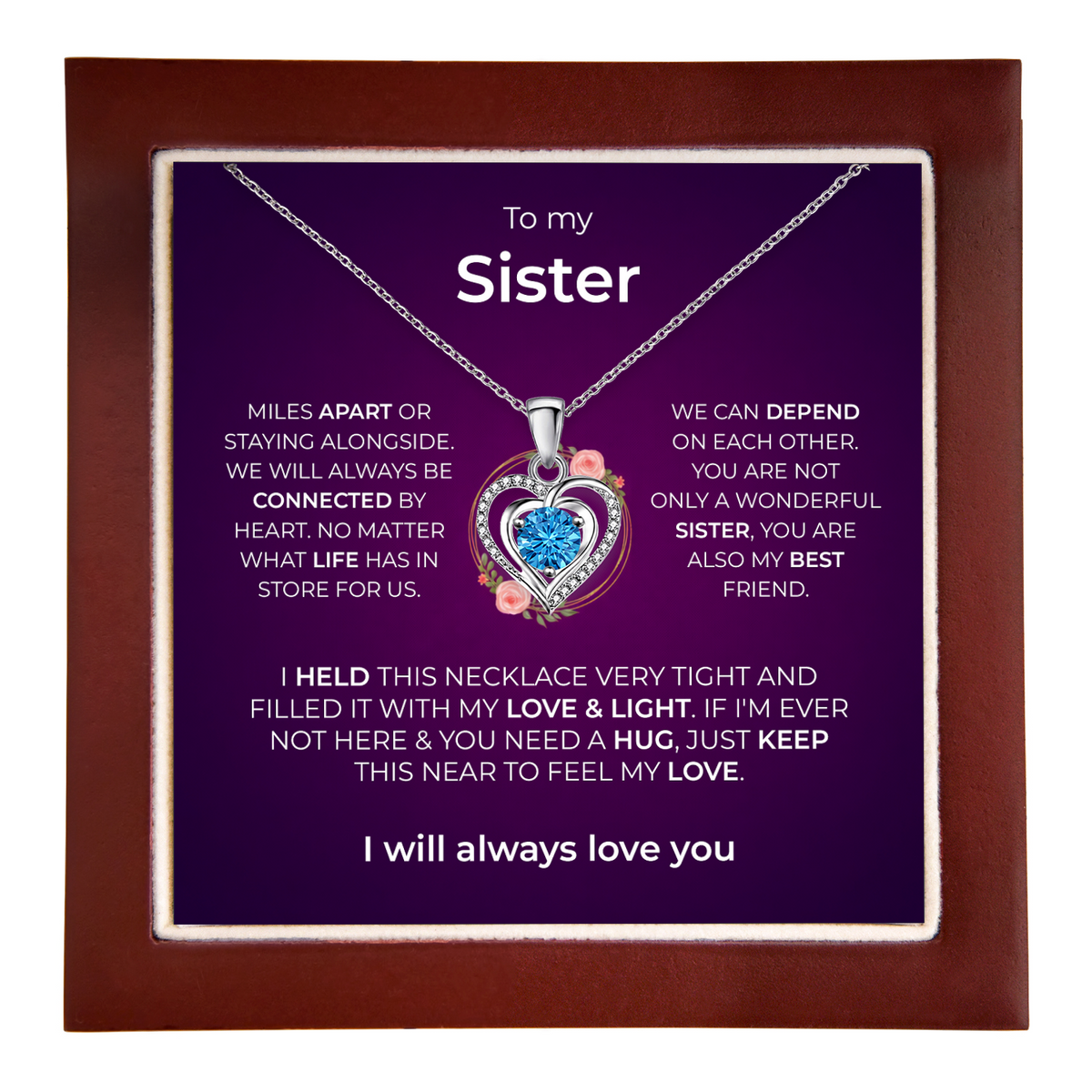 Sister gift: Lumen Heart Necklace — Blue · Luxury Wooden LED Box (product view)