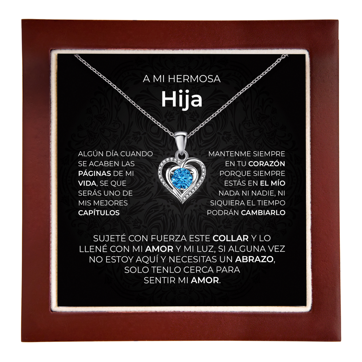 Hija gift: Lumen Heart Necklace — Azul · Caja de madera LED (product view)