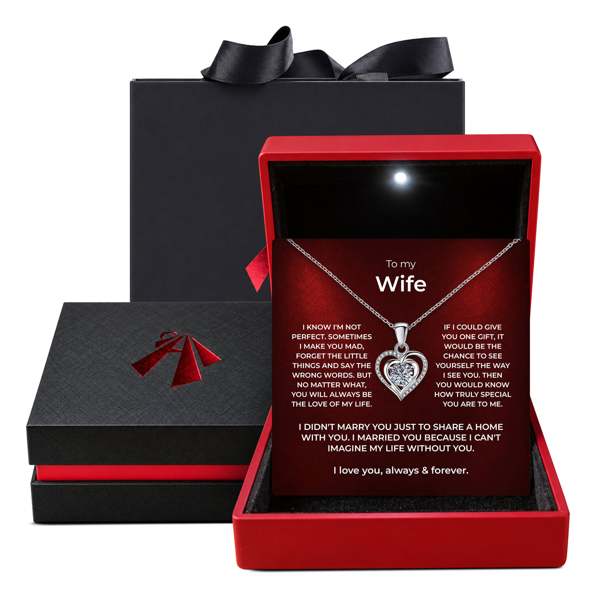 Open LED gift box with its light on, a To My Wife message card and a heart pendant necklace