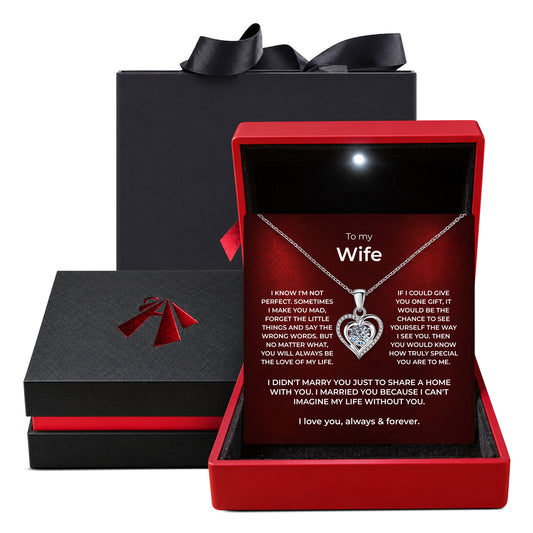 Open LED gift box with its light on, a To My Wife message card and a heart pendant necklace