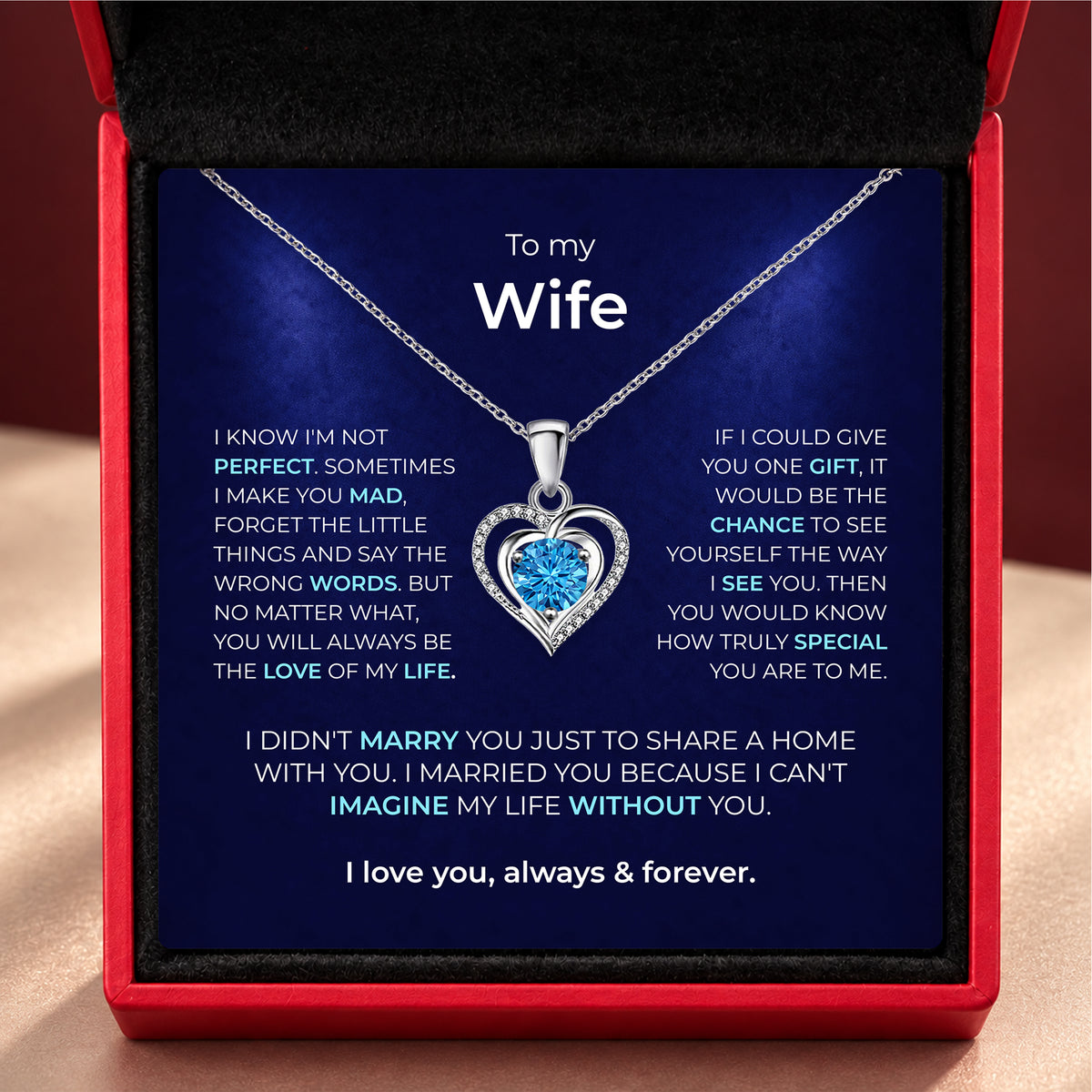 Red gift box beside a To My Wife message card showing a double-heart pendant necklace