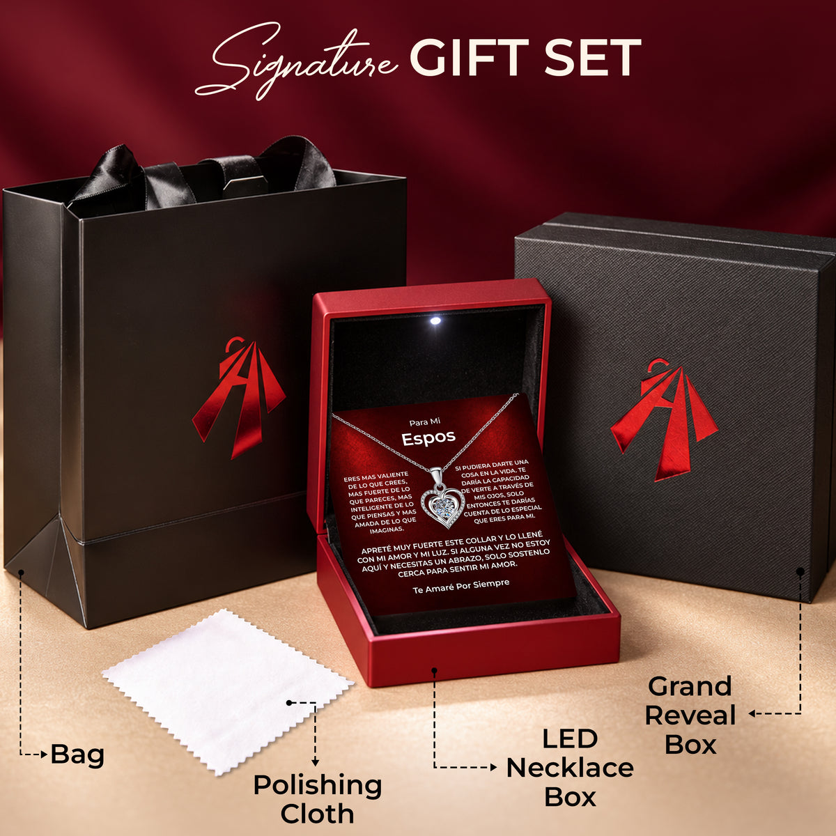 Set de regalo con bolsa negra, caja con luz LED, caja exterior negra y paño de pulido