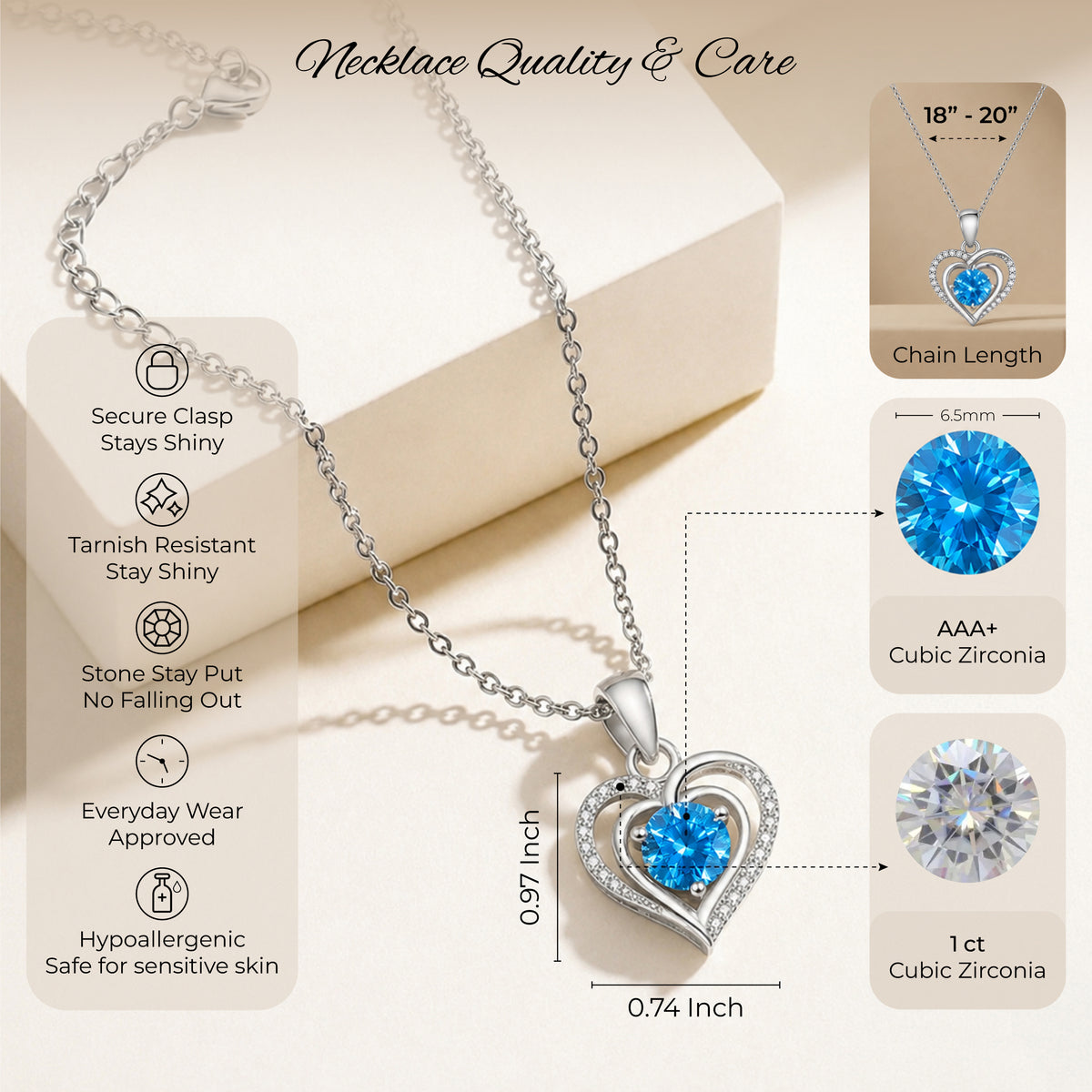 Manos sosteniendo una caja roja abierta con un collar de corazón de piedra azul y su tarjeta azul en español