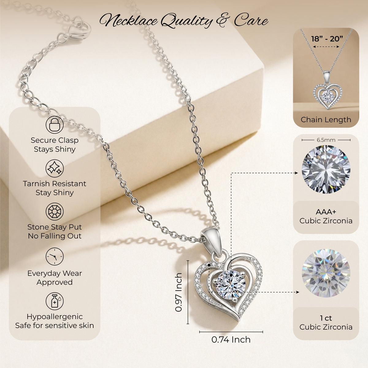 Primer plano de la tarjeta azul en español con el collar de corazón de piedra azul dentro de la caja roja 