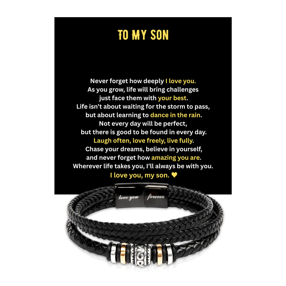 Braided black leather men’s bracelet on slate with a gift box view and a man fastening it on his wrist