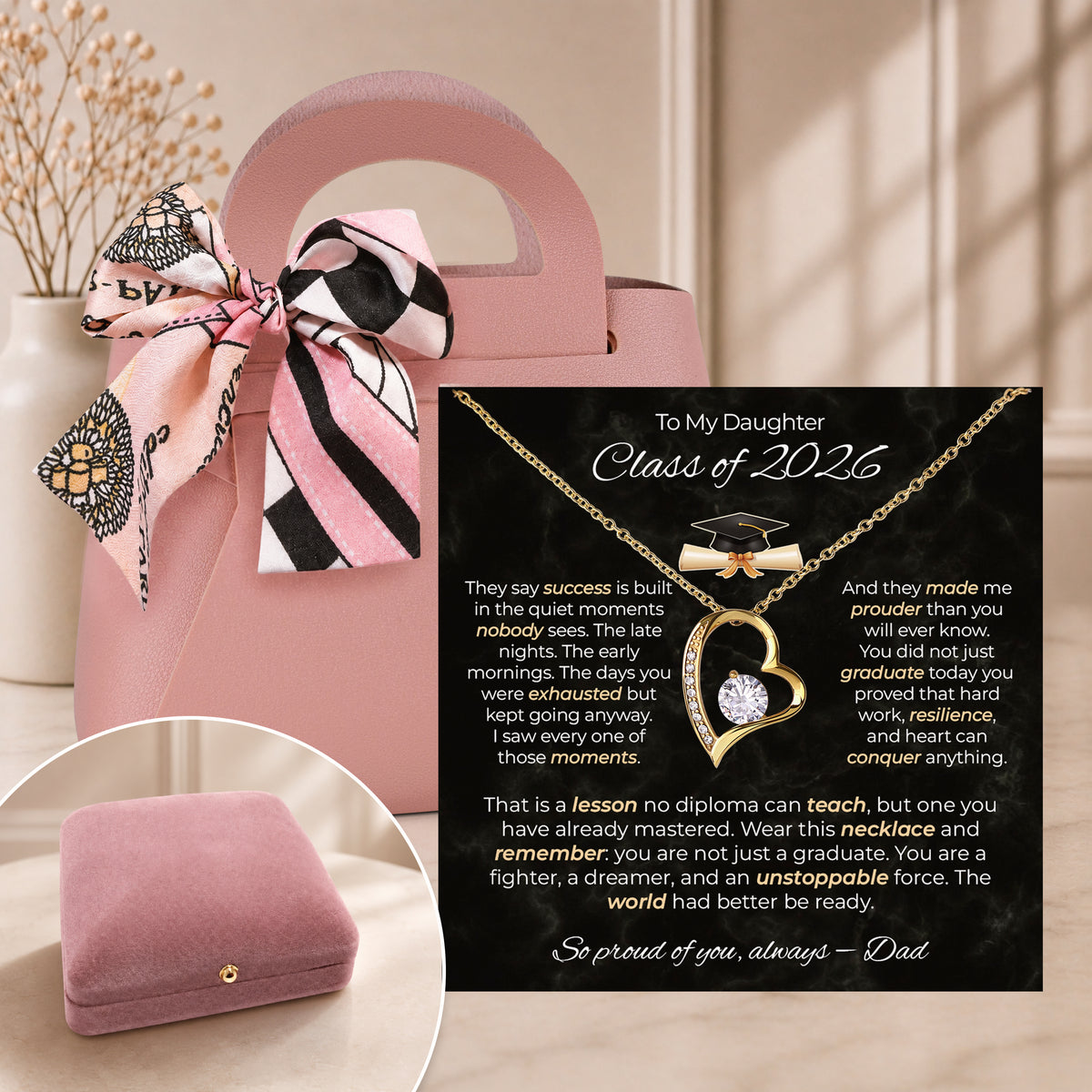 Graduation gift for daughter: gold heart necklace and Dad's message card in a wooden box with a pink gift bag