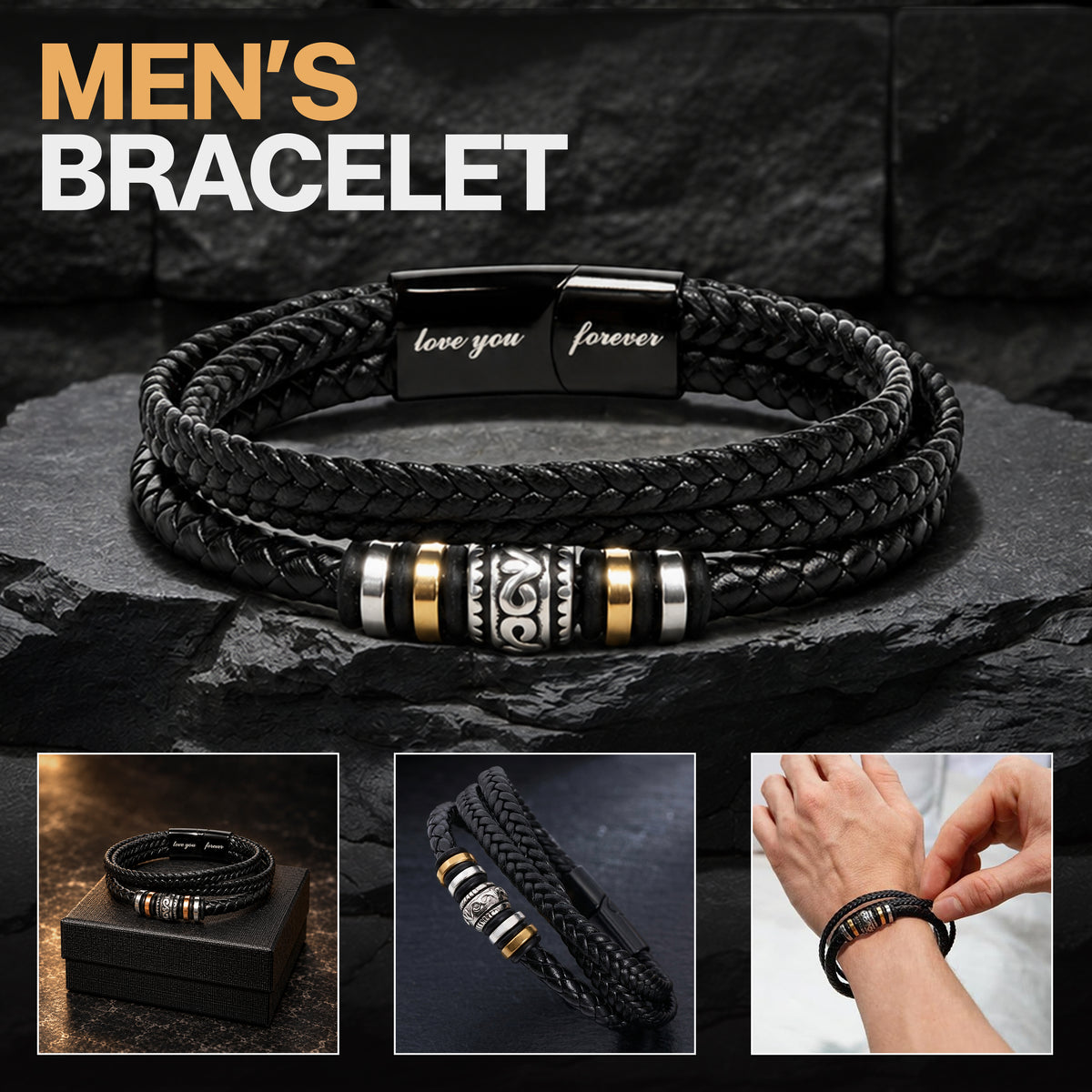 To My Son message card with a braided black leather bracelet engraved with love you forever