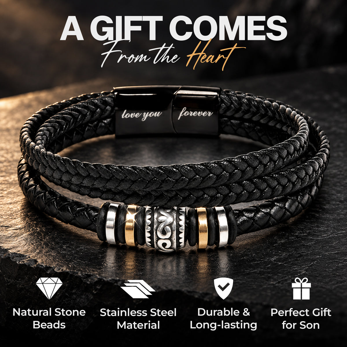 To My Son bracelet, message card and black gift box shown together