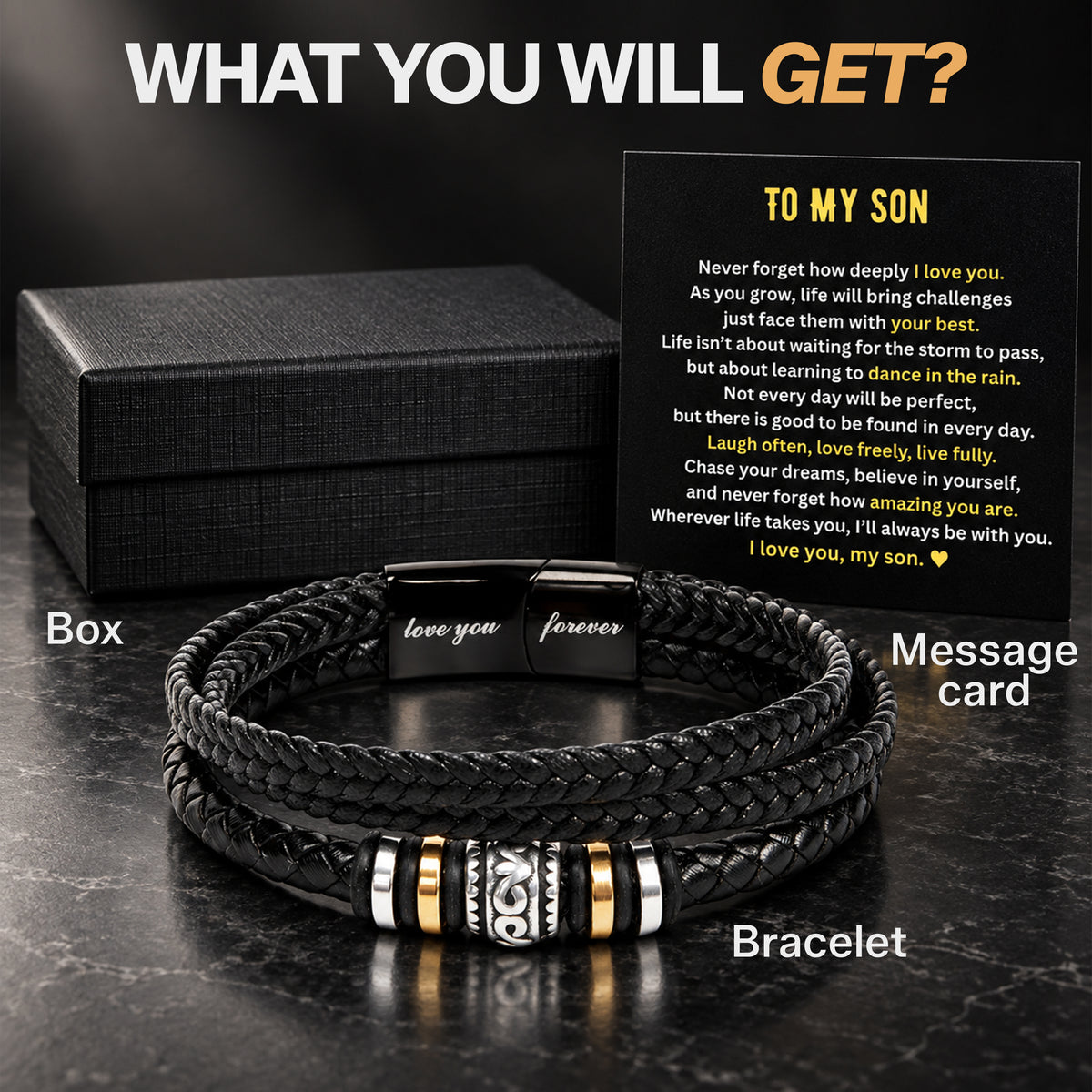 Man wearing a braided black leather bracelet while holding a To My Son message card