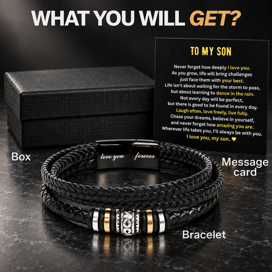Man wearing a braided black leather bracelet while holding a To My Son message card