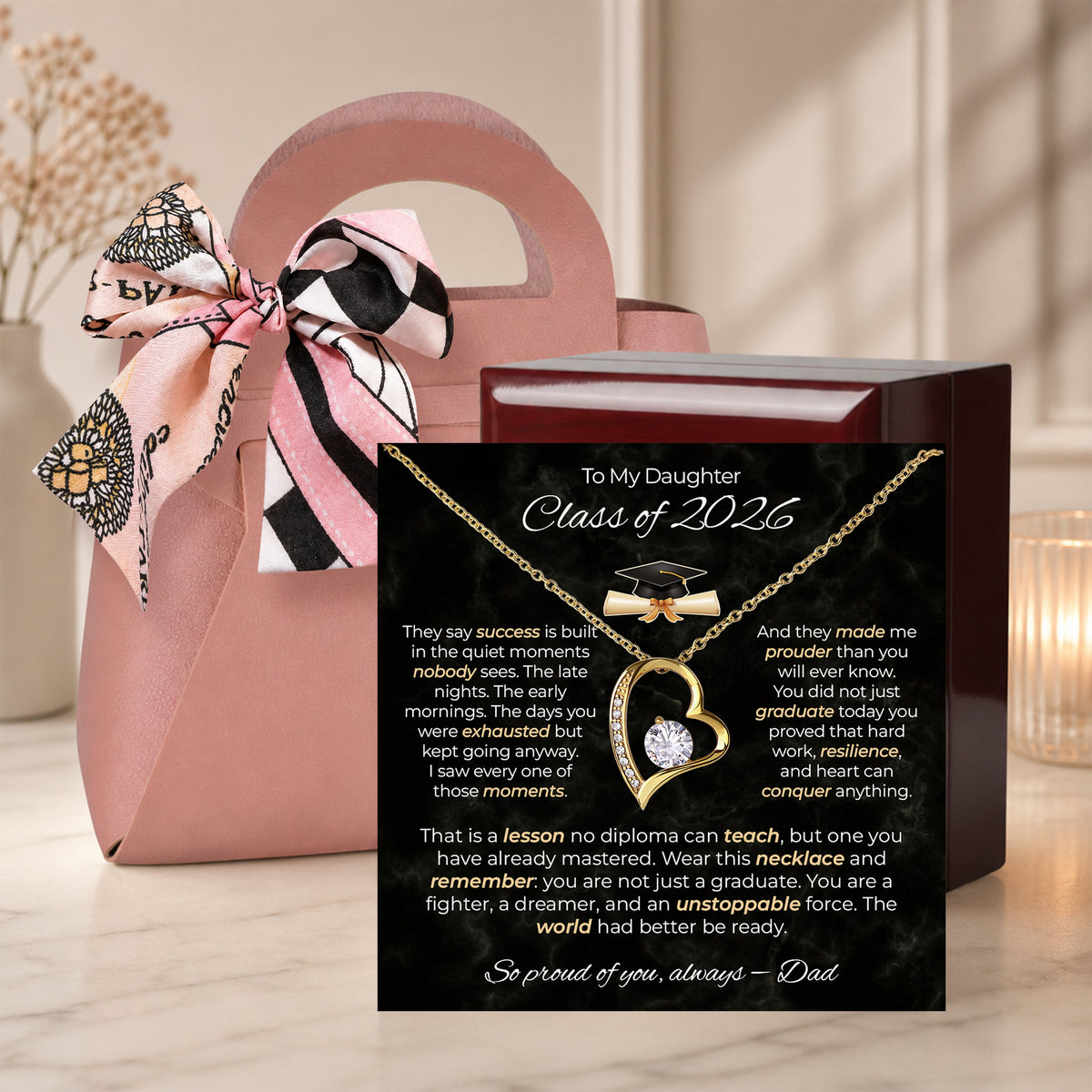 Daughter graduation necklace set: silver heart necklace, message card, gift box, gift bag and cleaning cloth