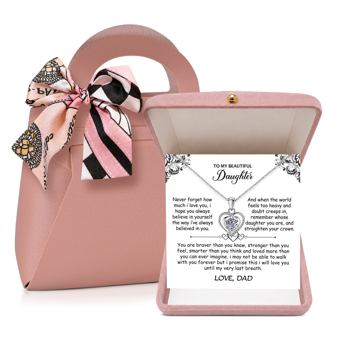 Silver heart pendant necklace with cubic zirconia for daughter