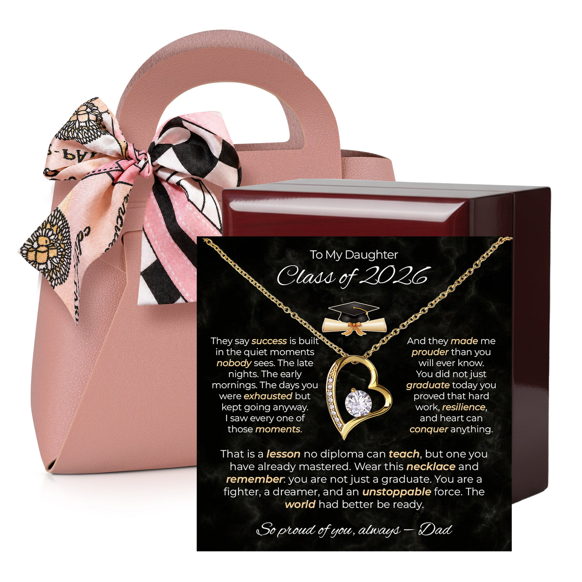 Daughter graduation necklace set: silver heart necklace, message card, gift box, gift bag and cleaning cloth