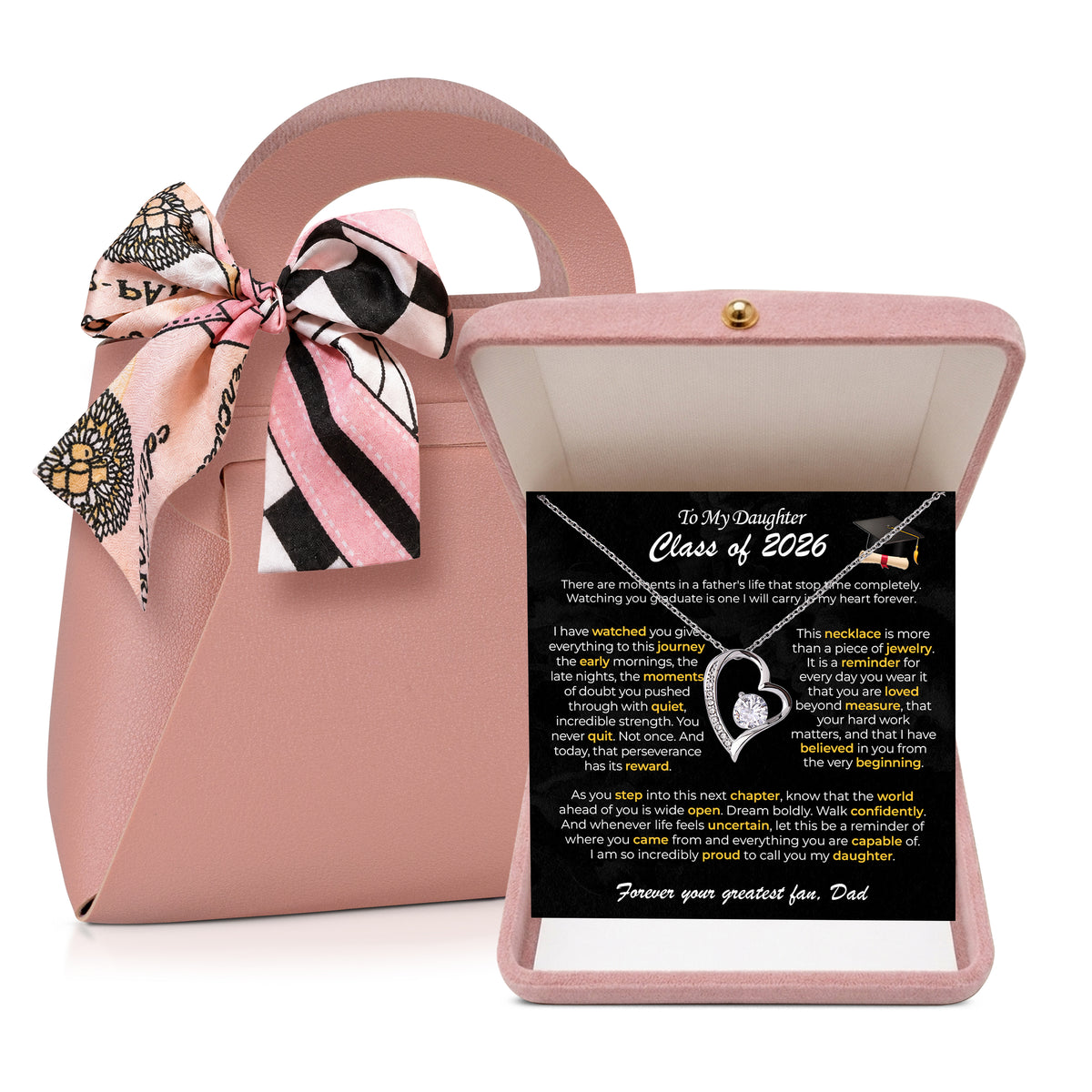 Gold heart necklace on a To My Daughter Class of 2026 graduation card inside an open pink gift box