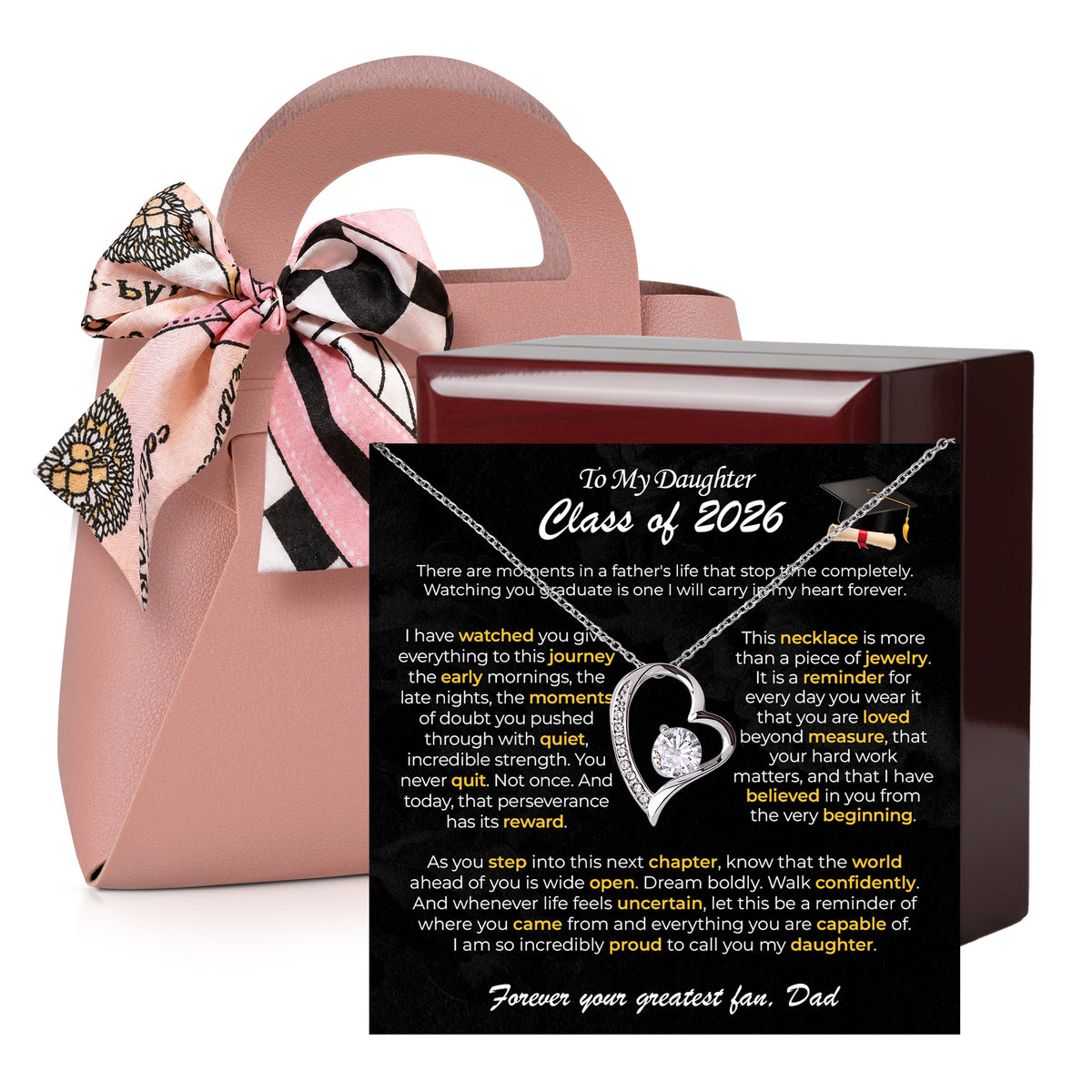 Pink gift box with a heart necklace on a Class of 2026 card from Dad for a graduating daughter