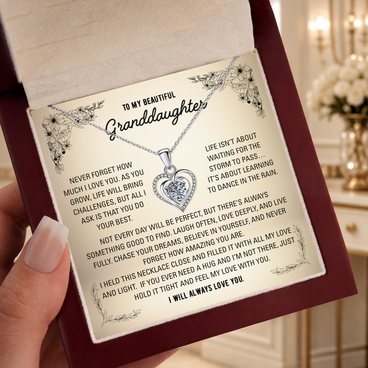 To My Granddaughter Heart Necklace - Choose Your Message Card