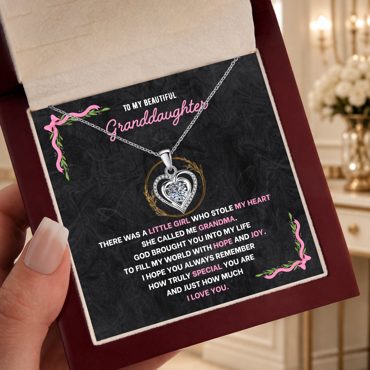 To My Granddaughter Heart Necklace - Choose Your Message Card