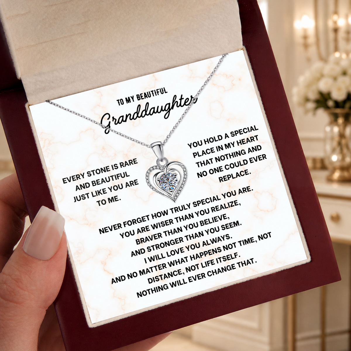 To My Granddaughter Heart Necklace - Choose Your Message Card
