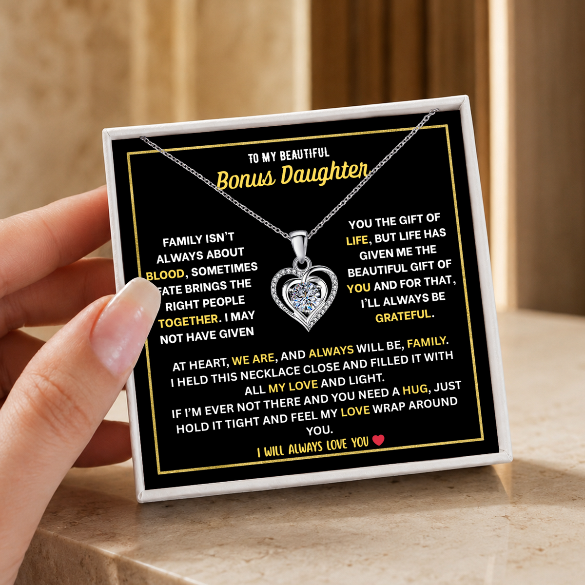 To My Bonus Daughter Heart Necklace - Personalized Sign-Off