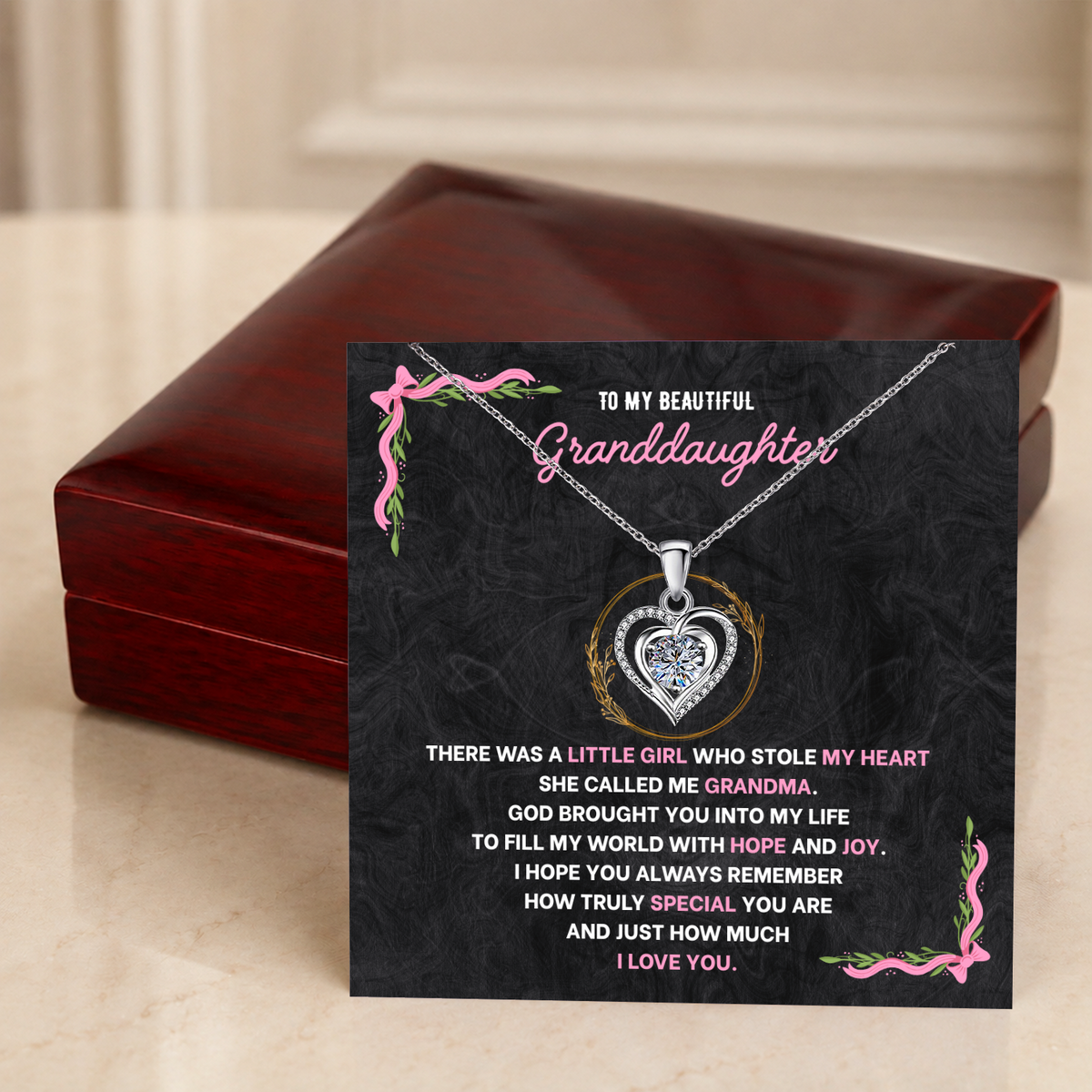 To My Granddaughter Heart Necklace - Choose Your Message Card