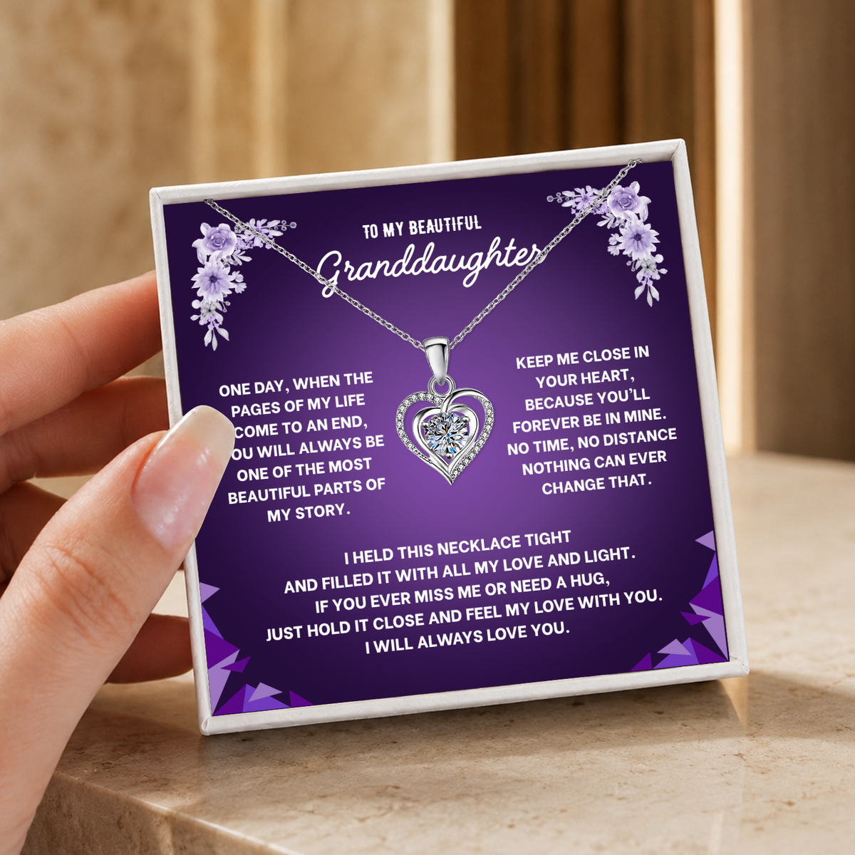 To My Granddaughter Heart Necklace - Choose Your Message Card