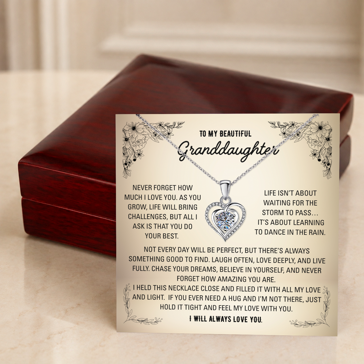 To My Granddaughter Heart Necklace - Choose Your Message Card