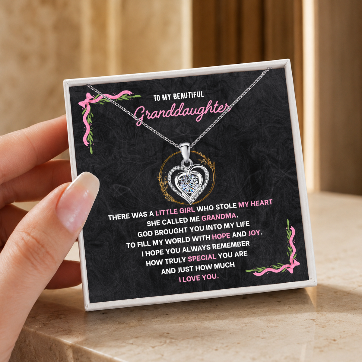 To My Granddaughter Heart Necklace - Choose Your Message Card