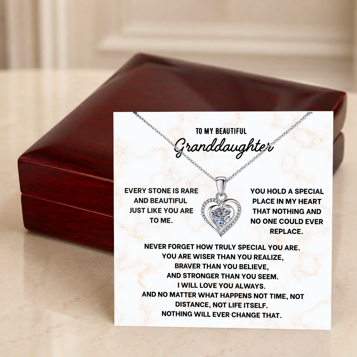 To My Granddaughter Heart Necklace - Choose Your Message Card