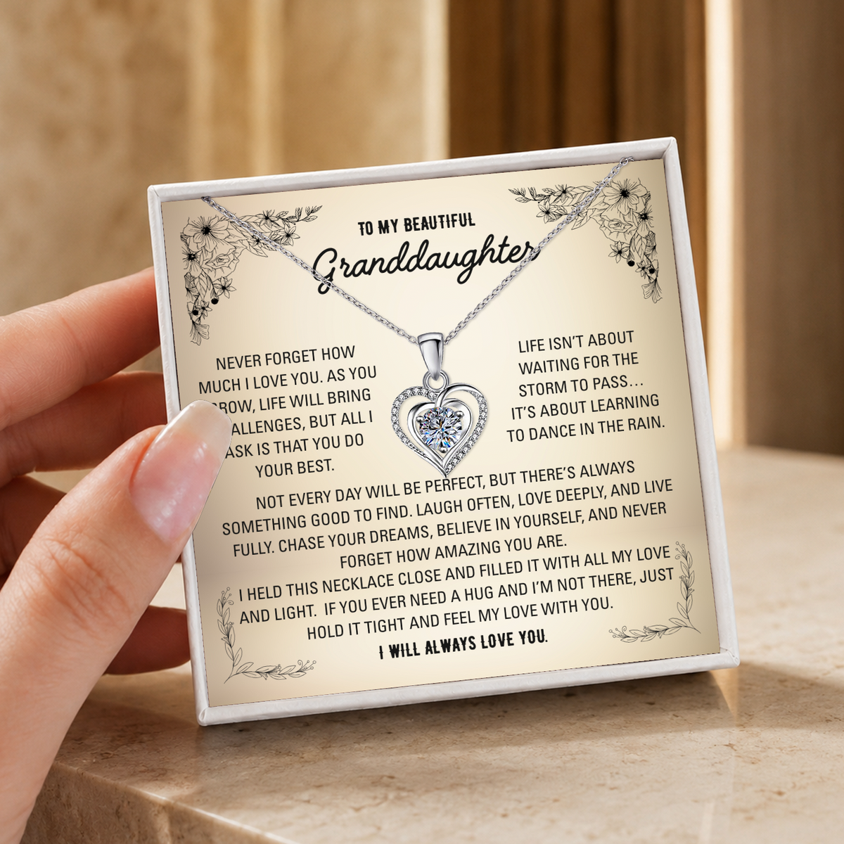 To My Granddaughter Heart Necklace - Choose Your Message Card