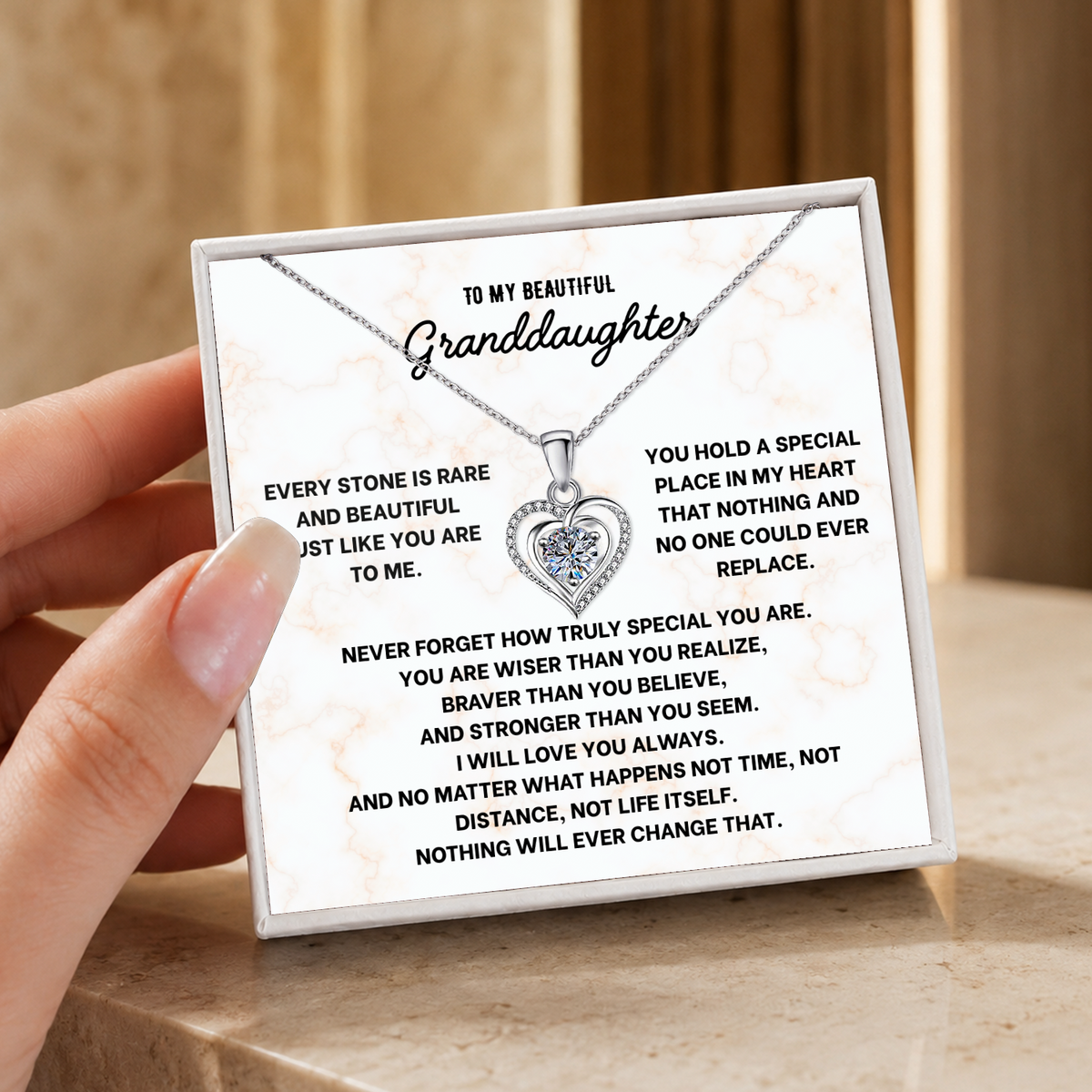 To My Granddaughter Heart Necklace - Choose Your Message Card