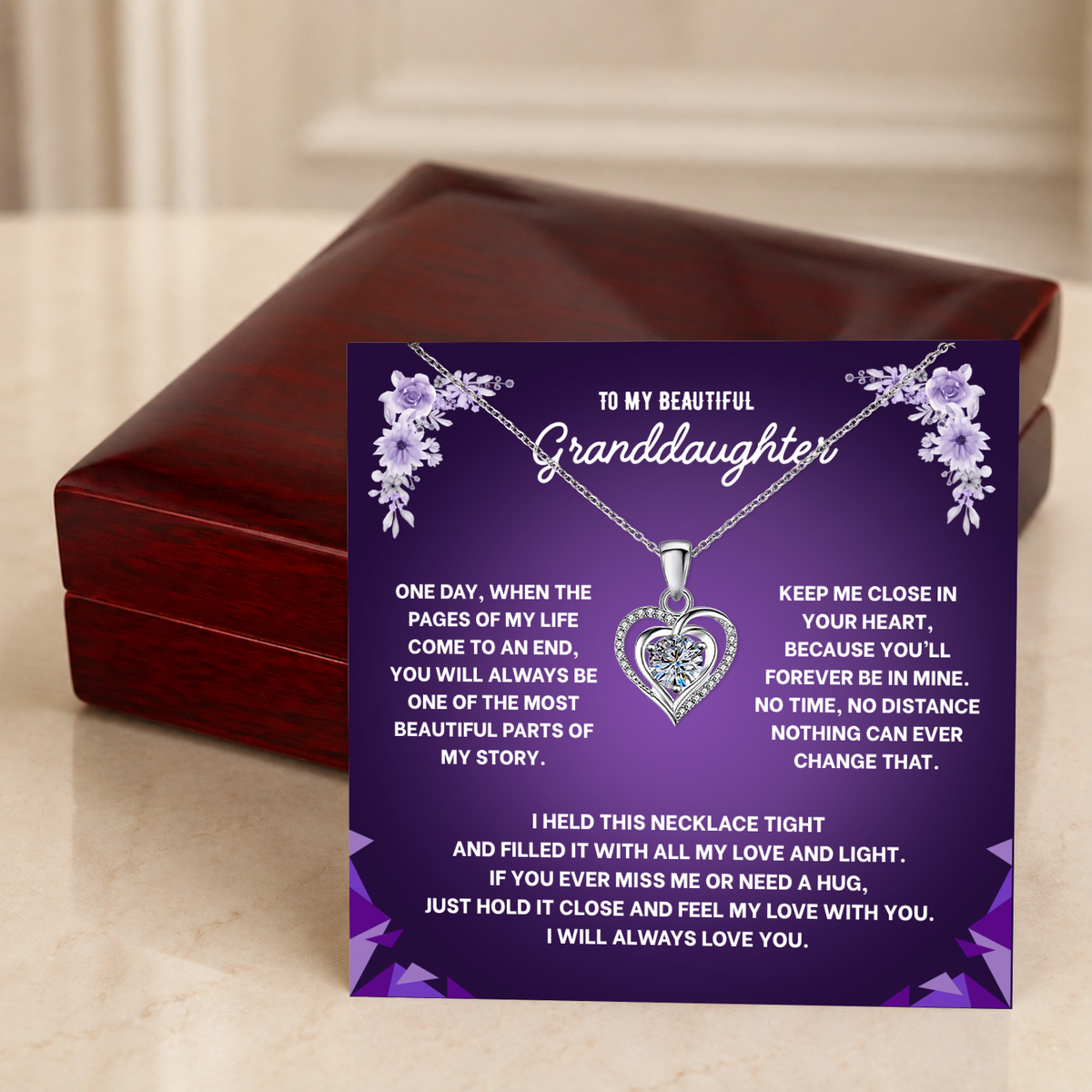 To My Granddaughter Heart Necklace - Choose Your Message Card