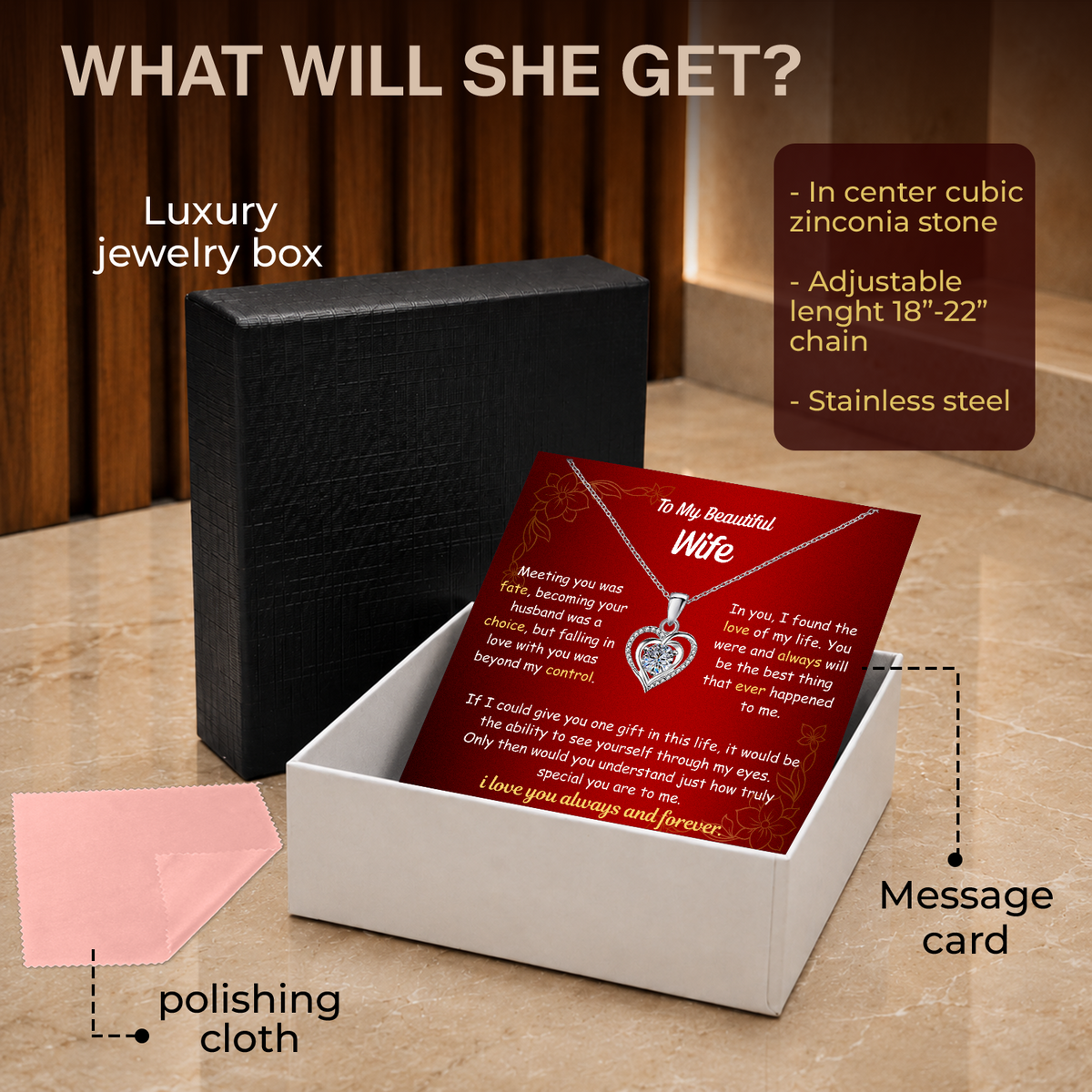 To My Wife Heart Necklace - Choose Your Message Card
