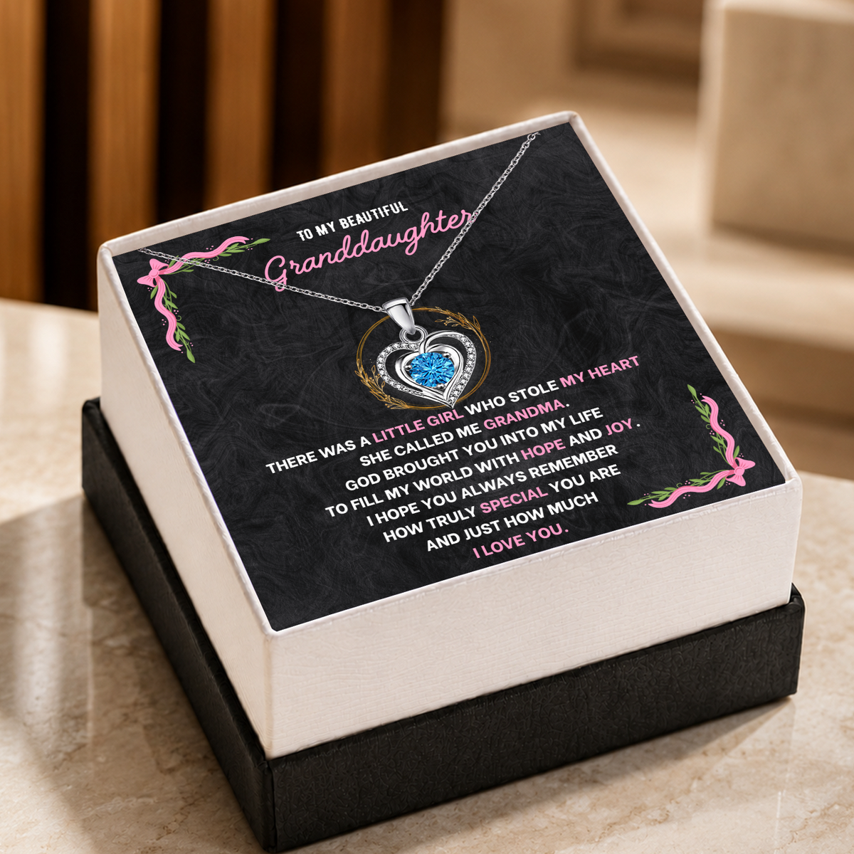 To My Granddaughter Heart Necklace - Choose Your Message Card