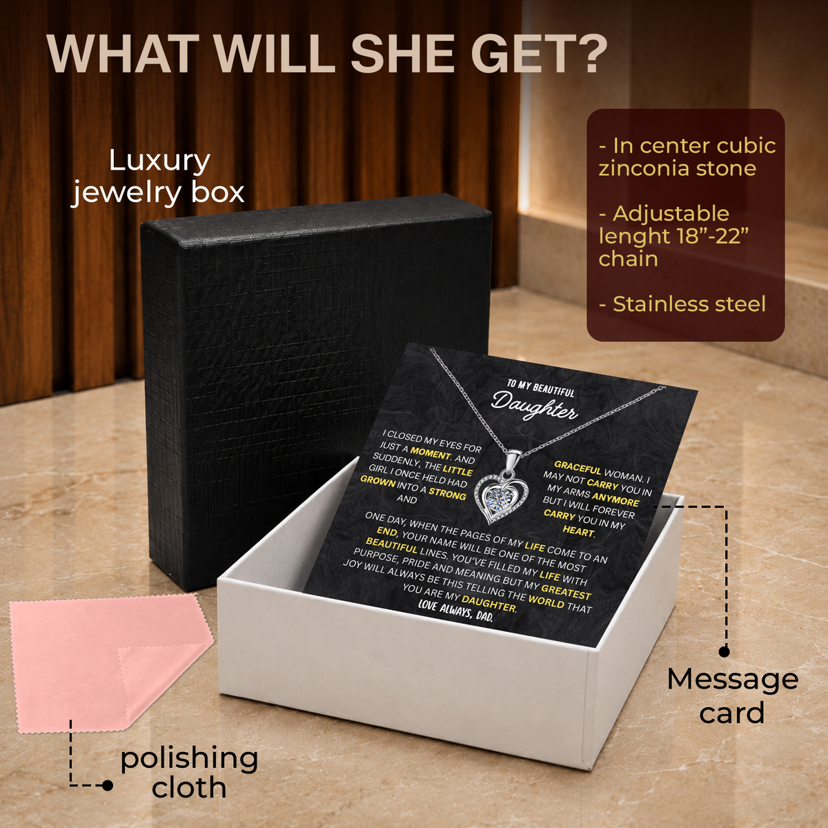 To My Daughter Heart Necklace From Dad - Choose Your Message Card