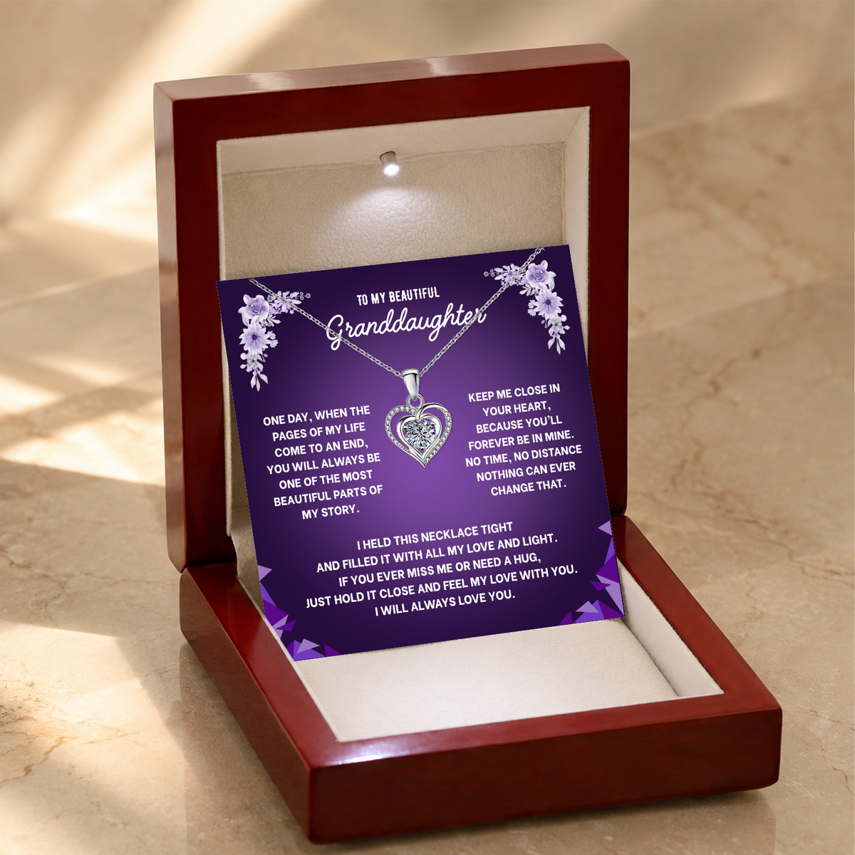 To My Granddaughter Heart Necklace - Choose Your Message Card