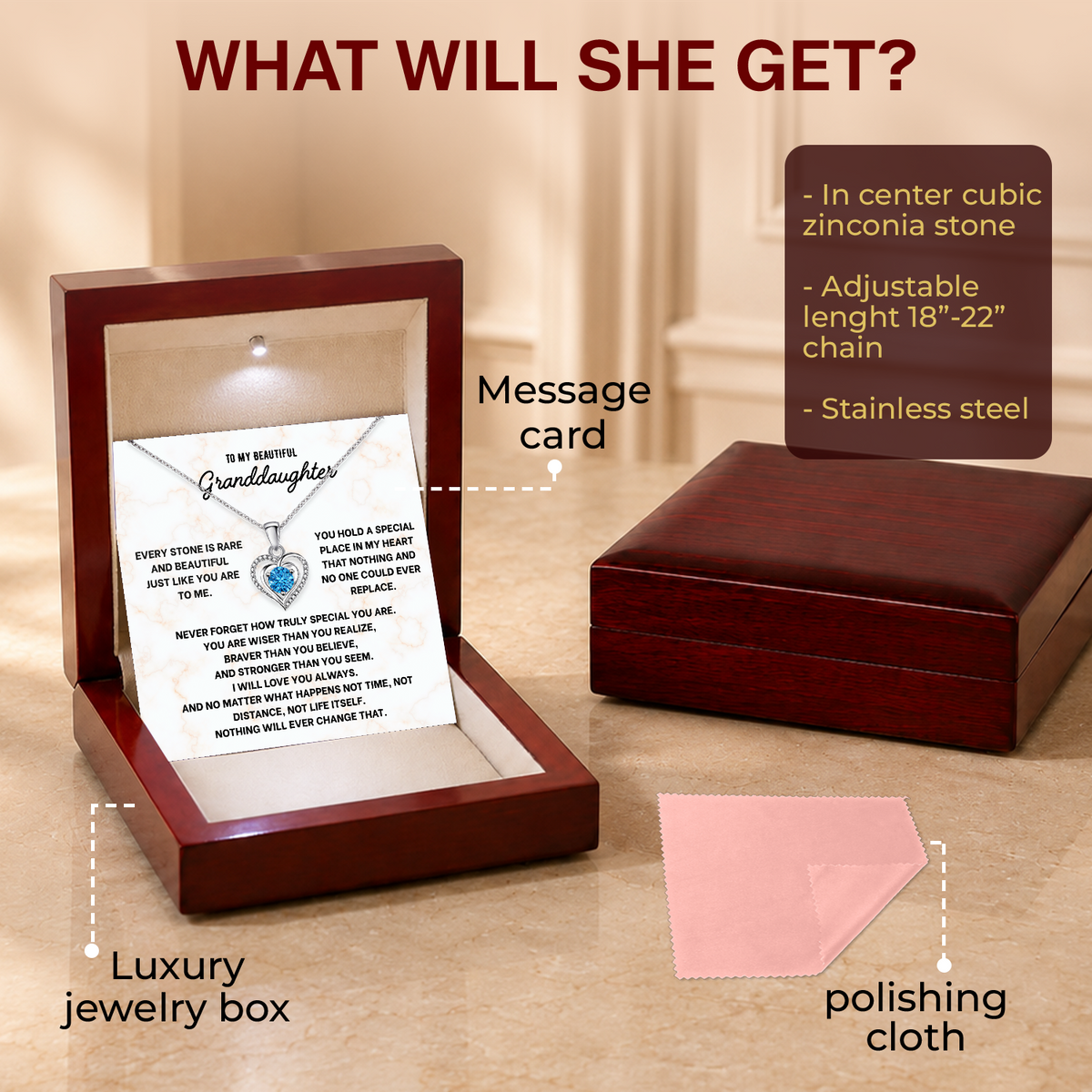 To My Granddaughter Heart Necklace - Choose Your Message Card