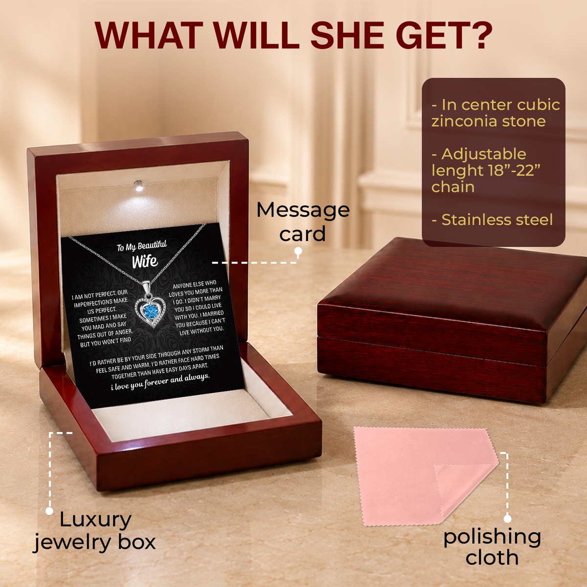 To My Wife Heart Necklace - Choose Your Message Card