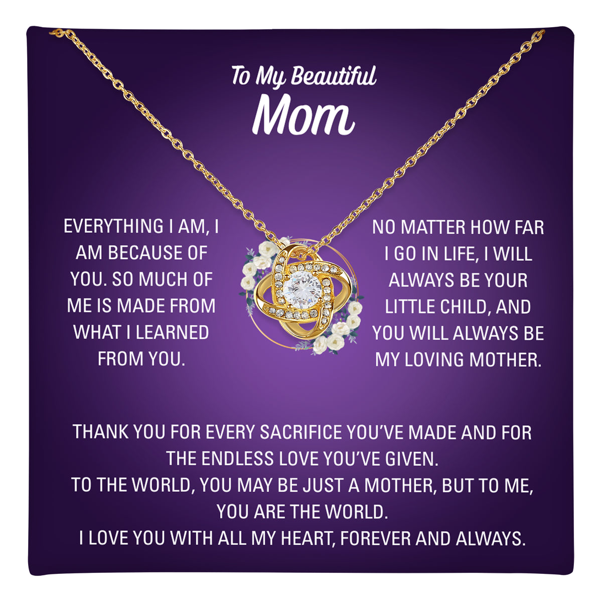Gold-tone heart necklace and Mom message card shown with a wooden gift box and care cloth