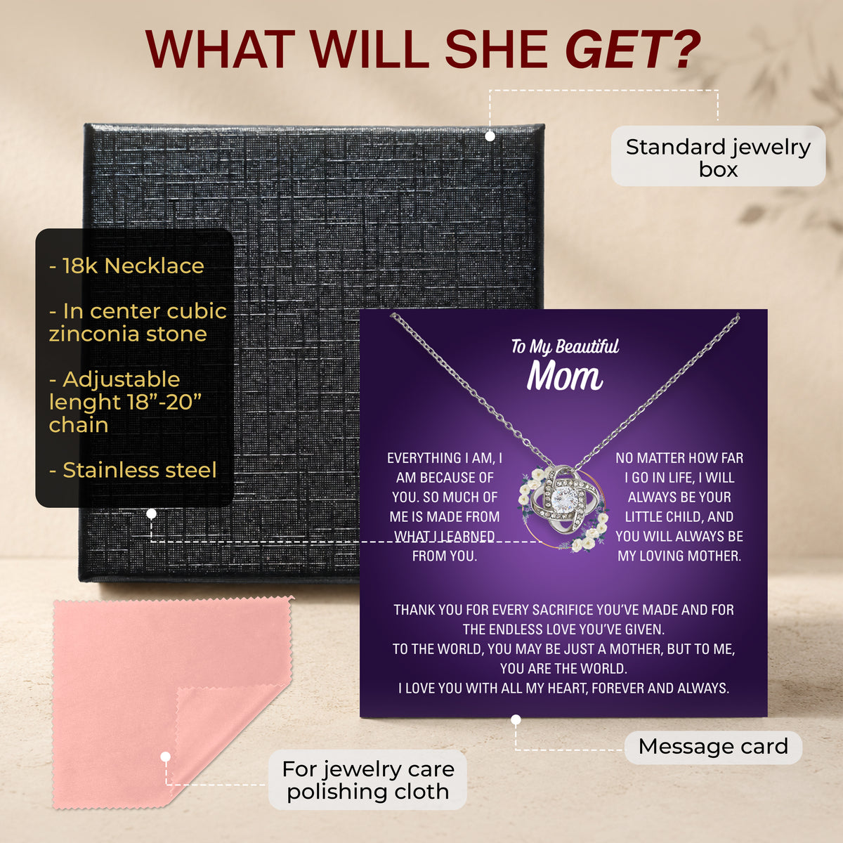 Read Your Love and Wear Your Love graphic showing silver heart pendant and Mom message card