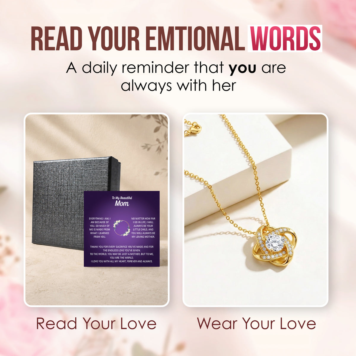 Mom necklace gift set shown with standard black jewellery box, purple message card and care cloth