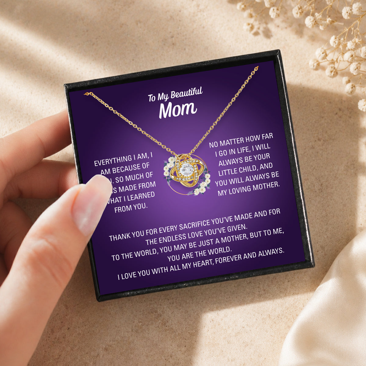 Gold-tone Mom necklace set with purple message card, standard box and pink care cloth