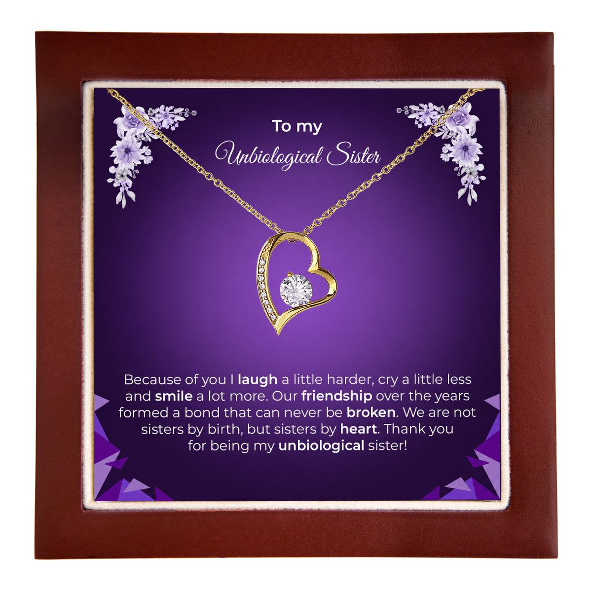 Unbiological Sister / Best Friend gift: Soul Spark Necklace — Gold · Luxury Wooden LED Box (product view)