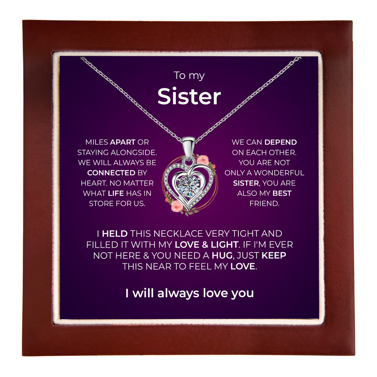 Sister gift: Lumen Heart Necklace — White · Luxury Wooden LED Box (product view)