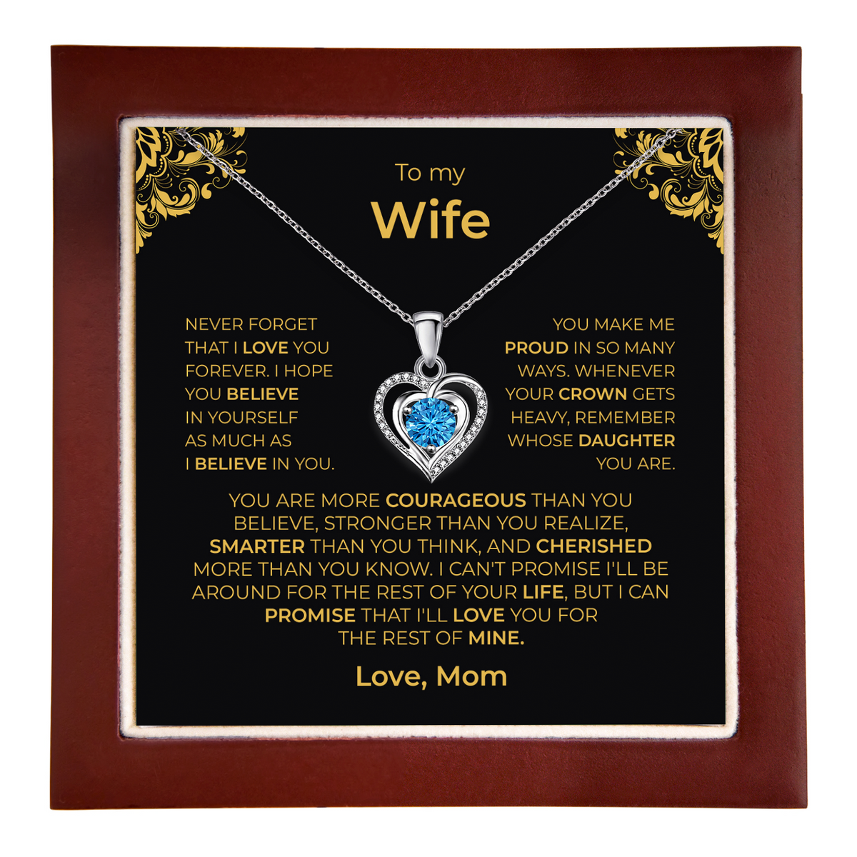 Daughter from Mom gift: Lumen Heart Necklace — Blue · Luxury Wooden LED Box (product view)