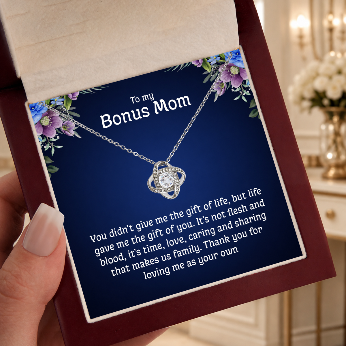 To My Bonus Mom Love Knot Necklace with Message Card
