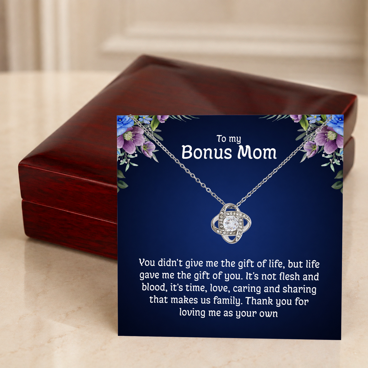 To My Bonus Mom Love Knot Necklace with Message Card