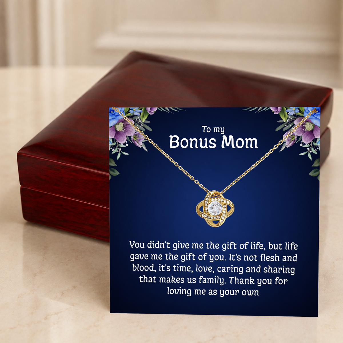 To My Bonus Mom Love Knot Necklace with Message Card