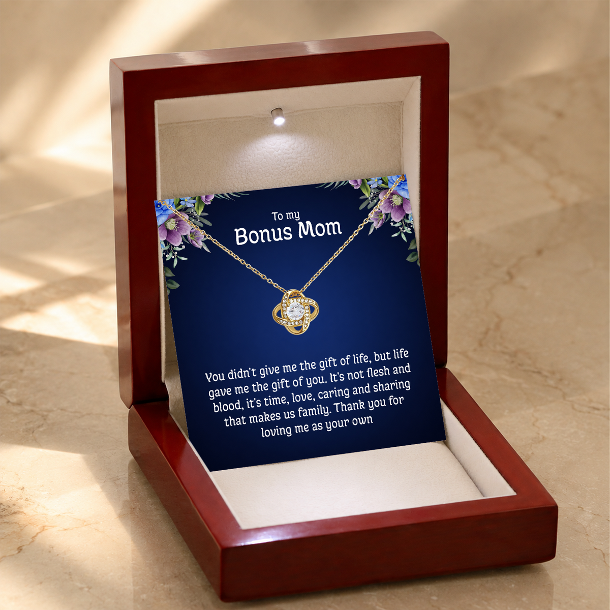 To My Bonus Mom Love Knot Necklace with Message Card